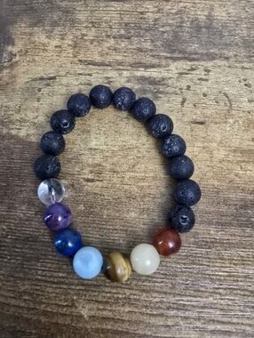 Lava Bead Stretch Bracelet - Black with Multicolor Stone Bead Accents